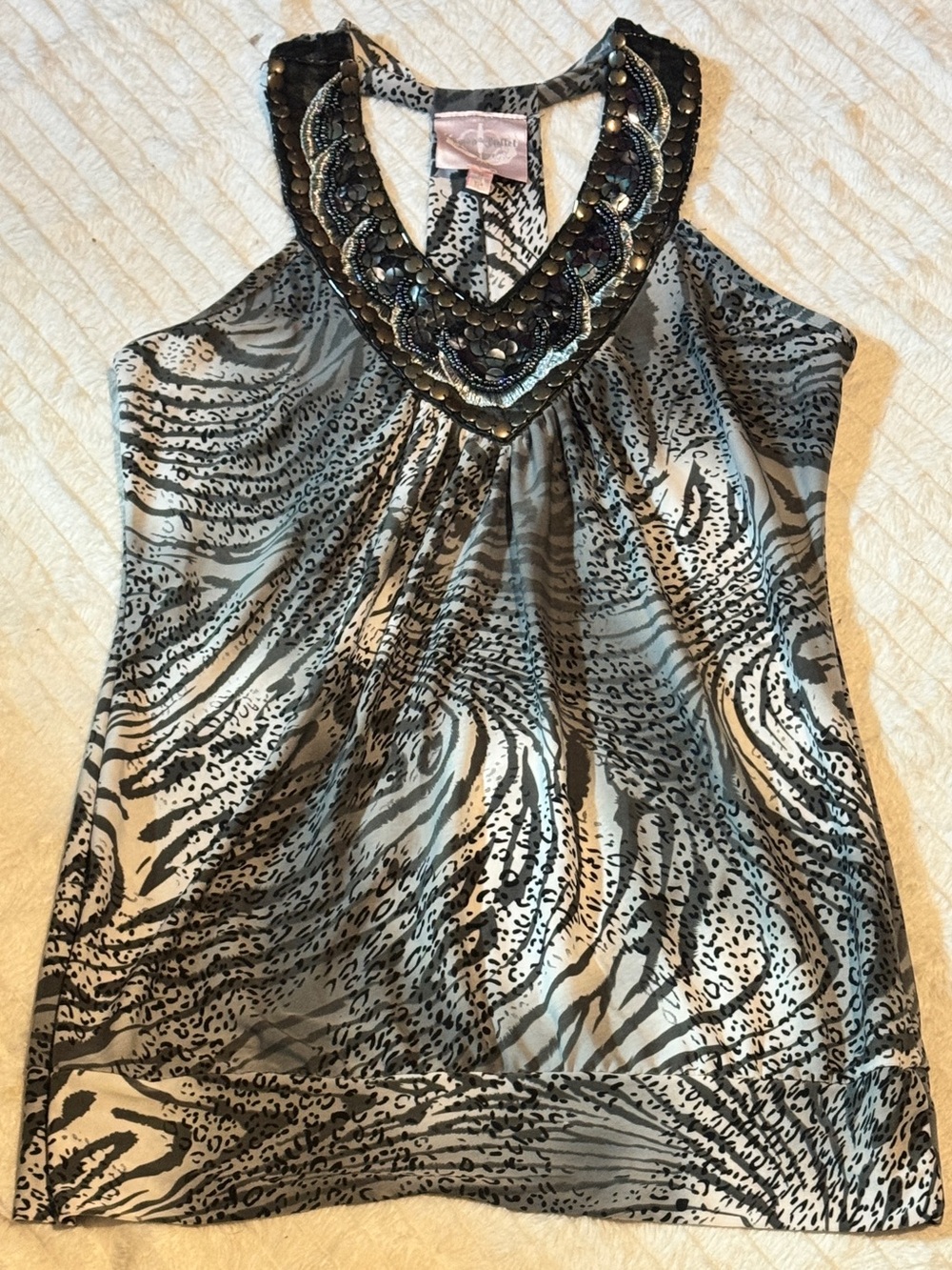 Romeo & Juliet Couture Embellished V-Neck Animal Print Tank Top - Gray & Black